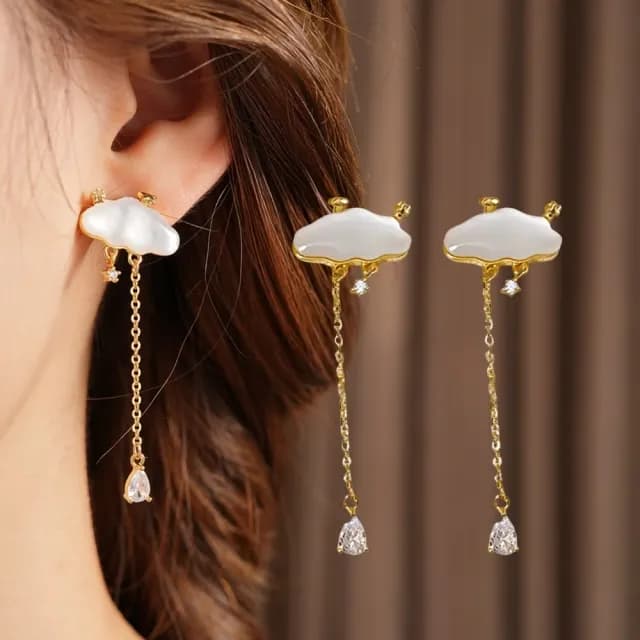 【星夜微雨】雲朵星夜垂墜耳環一對(貝母 雨滴 星星 耳飾 耳墜 飾品 耳針 耳釘 首飾 耳圈 情人節)