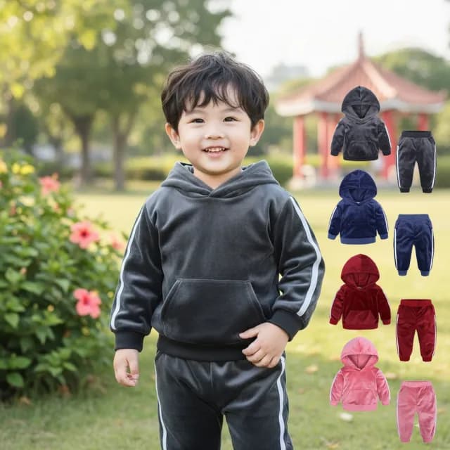 【橘魔法】運動風金絲絨連帽長袖套裝(帽T 長袖上衣 長褲 中性款 男童 女童 童裝 兒童)