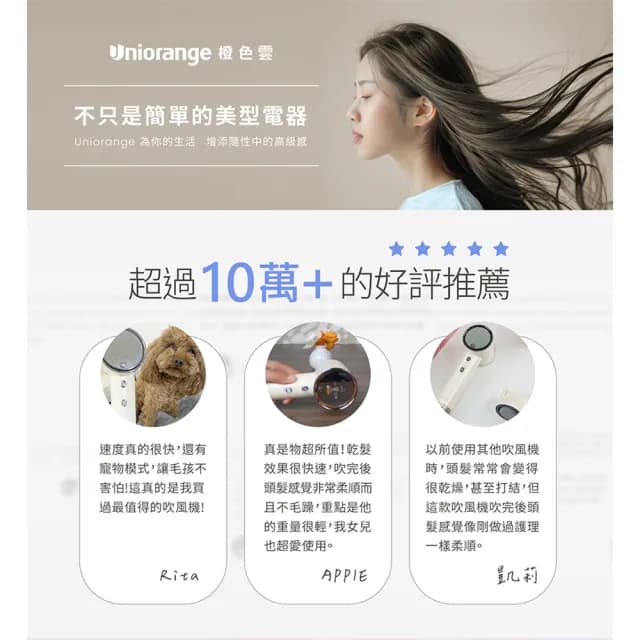 【Uniorange橙色雲】10億等離子水潤光高速控溫吹風機H6(6種專業吹髮模式/等離子新科技)