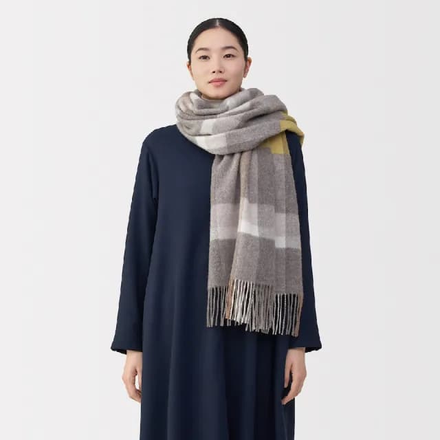 【MUJI 無印良品】蓬鬆羊毛大披肩(墨灰格紋/摩卡棕格紋/柔白格紋/黑格紋)