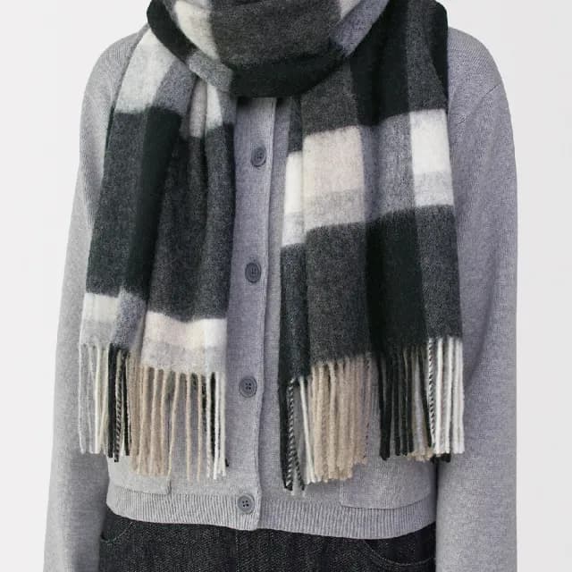 【MUJI 無印良品】蓬鬆羊毛大披肩(墨灰格紋/摩卡棕格紋/柔白格紋/黑格紋)