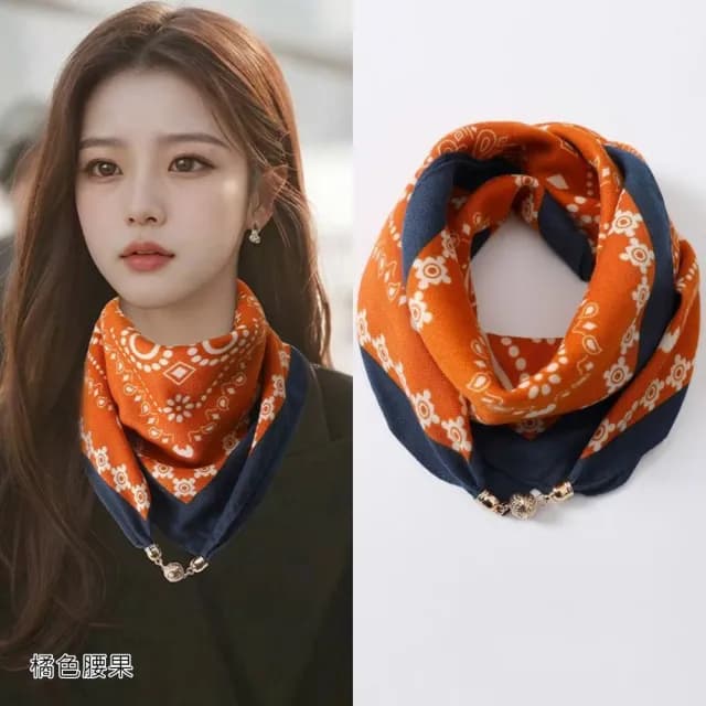 【HaNA 梨花】買一送一 搞定通勤約會穿搭 入秋柔美磁扣絲巾母親節禮物(約會穿搭  絲巾 百搭實用)
