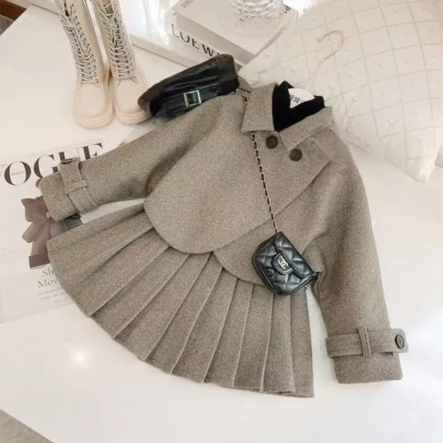 【橘魔法】英倫斜紋毛尼長袖套裝(長袖外套 百褶裙 裙子 短裙 女童 兒童 童裝)