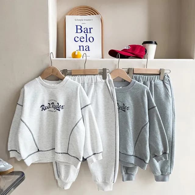 【橘魔法】反車線字母印花長袖套裝(長袖上衣 長褲 棉褲 運動 大童 兒童 男童 女童 中性款 童裝)