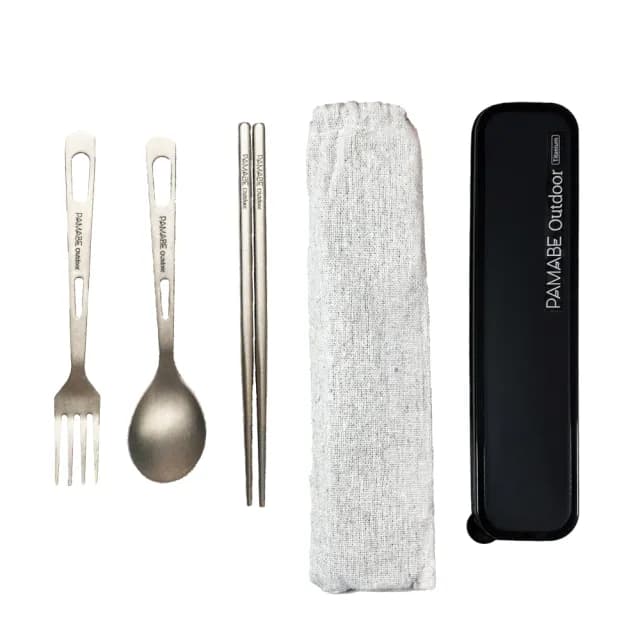 【PAMABE OUTDOOR】鈦環保餐具-三件組附盒附袋(露營/外出餐具/攜帶型/環保/筷叉組/車泊)