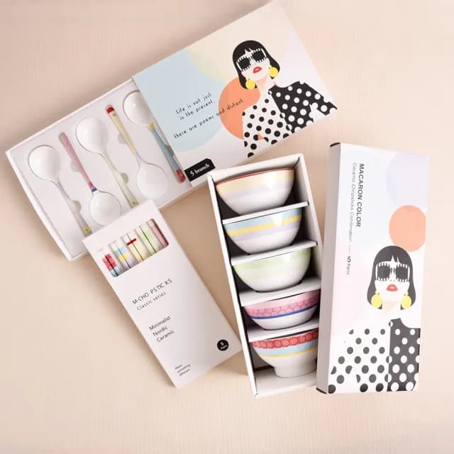 【Homely Zakka】法式馬卡龍雅奢禮藏系列陶瓷餐盤碗餐具筷匙禮盒_餐碗5個禮盒組(陶瓷禮盒 可微波 新婚禮)