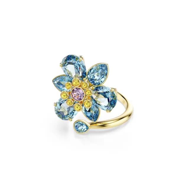 【SWAROVSKI 施華洛世奇】Idyllia 開口戒指 混合式切割 花朵 藍色 鍍金色(情人節禮物)