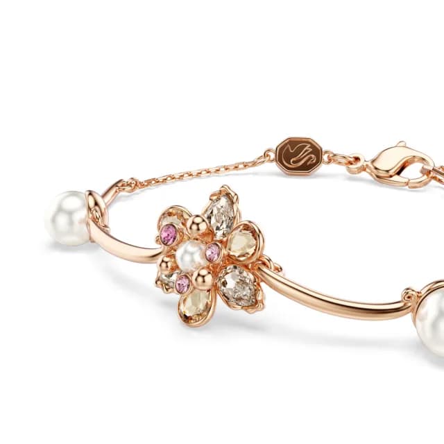 【SWAROVSKI 施華洛世奇】Idyllia 手鏈 水晶珍珠 混合式切割 花朵 漸層色 鍍玫瑰金色(情人節禮物)