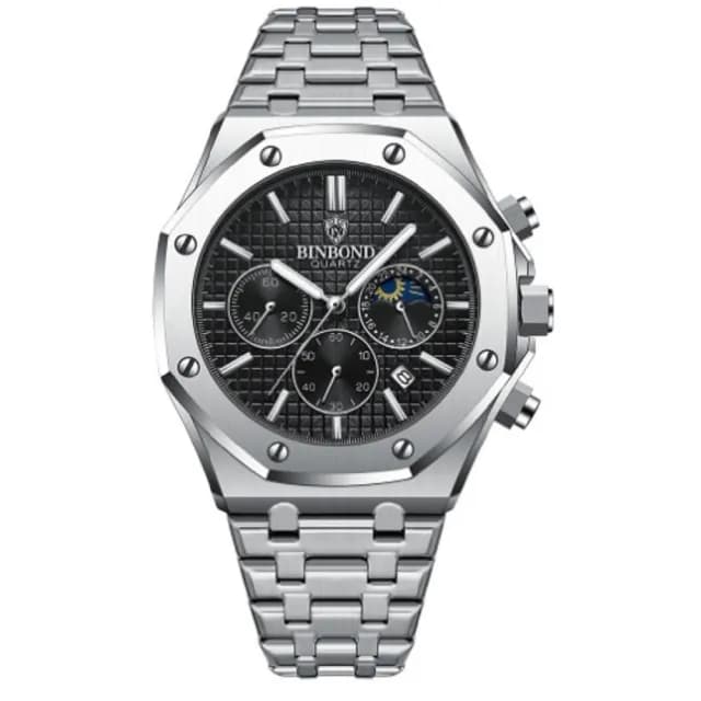 【美國熊】國民男錶 日本石英機芯 真三眼計時 日期顯示  不鏽鋼錶帶 手錶(BIN-05)