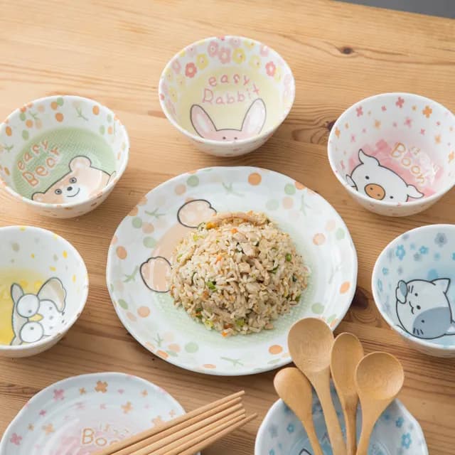 【LohasPottery 陸寶】日本製 美濃燒 動物卡通釉下彩壓紋餐具｜4.6 吋飯碗 五入組(兒童碗 點心碗)