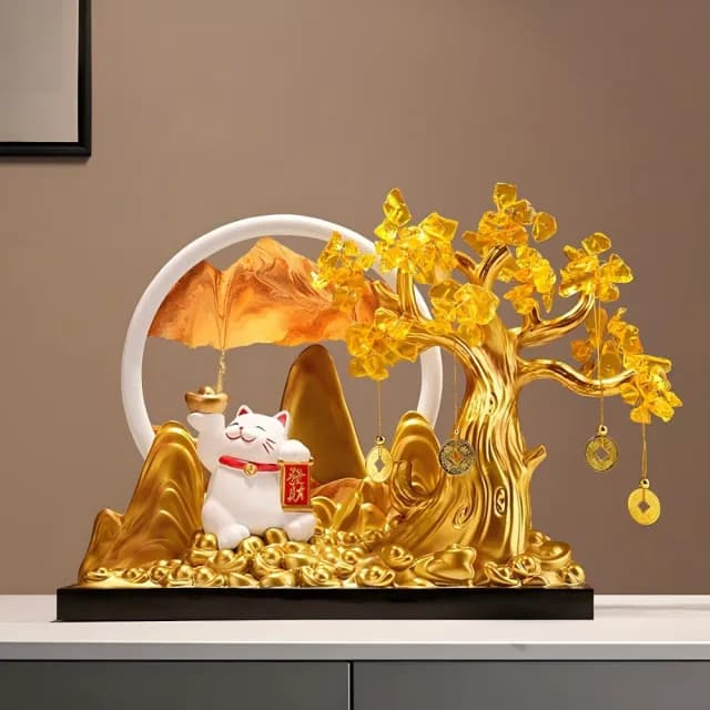 【預購】發財樹招財貓流沙畫擺件 開業禮物喬遷裝飾品(7寸白框金禮盒裝)