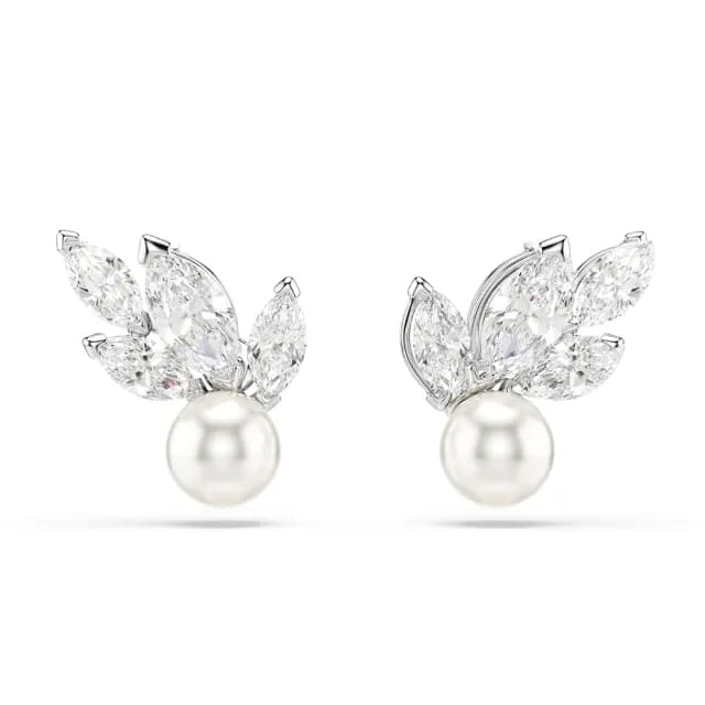 【SWAROVSKI 施華洛世奇】Louison Pearl 耳釘 穿孔耳環 葉 白色 鍍白金色(線上限定款)