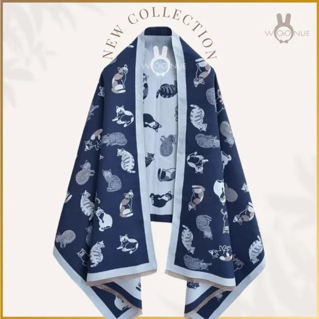 【WOONUE】超柔羊毛質感圍巾冷氣披肩空調百搭貓咪圍巾絲巾斗篷黑白(送禮生日禮物媽媽女友老婆禮物情人節)