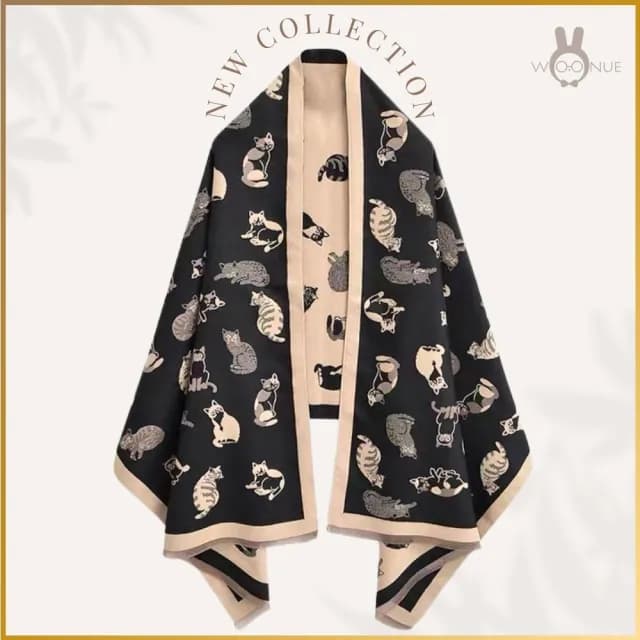 【WOONUE】超柔羊毛質感圍巾冷氣披肩空調百搭貓咪圍巾絲巾斗篷黑白(送禮生日禮物媽媽女友老婆禮物情人節)