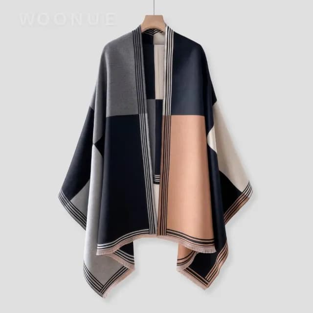 【WOONUE】時尚優雅名媛氣質秋冬柔軟保暖羊毛絨質感親膚寬版斗篷圍巾冷氣披肩(女友老婆媽媽情人生日禮物)