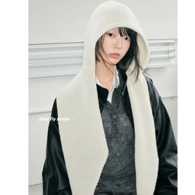 【HaNA 梨花】韓國空運 something needs純粹毛帽圍巾一體 保暖護耳(韓國空運 保護暖耳 秋冬必備)