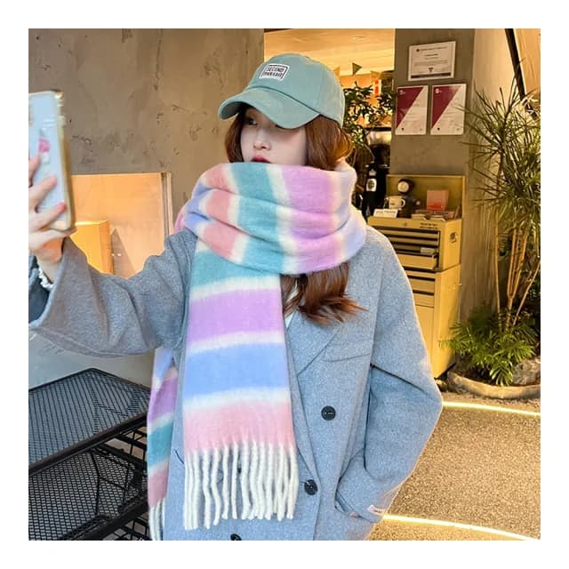 【Jun Jun】加厚刷毛彩色圍巾 披肩_馬卡龍