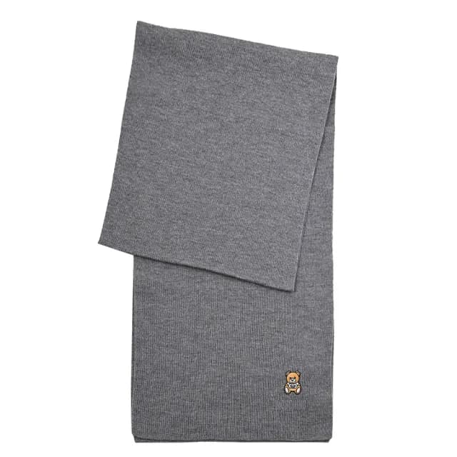 【MOSCHINO】簡約電繡小熊LOGO純羊毛保暖披肩長圍巾(灰)