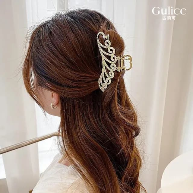 【Gulicc】金色孔雀 珍珠鑲鑽 大抓夾(雙十 萬聖節 生日 髮飾 頭飾 鯊魚夾 抓夾 禮物)