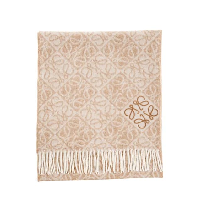 【LOEWE 羅威】新款雙色立體簇絨Anagram 圖案羊毛喀什米爾圍巾(米色)