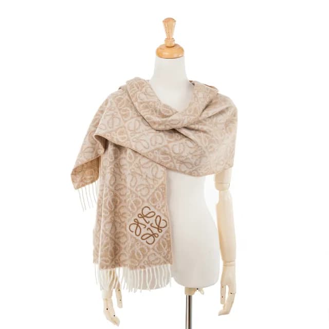 【LOEWE 羅威】新款雙色立體簇絨Anagram 圖案羊毛喀什米爾圍巾(米色)