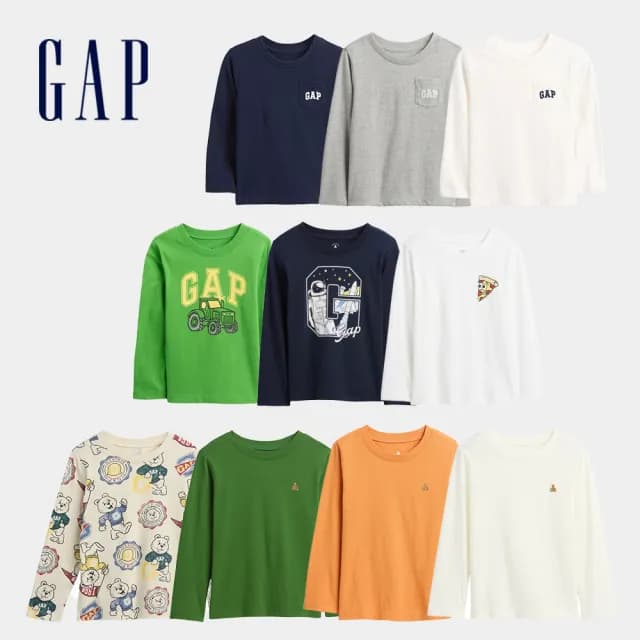 【GAP】男幼童裝 Logo純棉刺繡/印花圓領長袖T恤-多款任選(791322&814366&791587)
