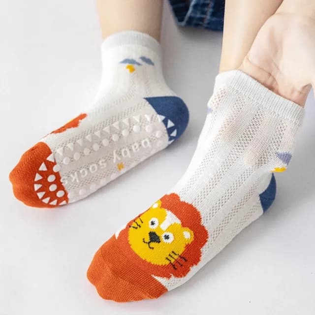 【橘魔法】（5雙一組）色彩繽紛動物防滑點膠網眼短襪(薄襪 中筒襪 襪子 中性款 男童 兒童 童襪 童裝)