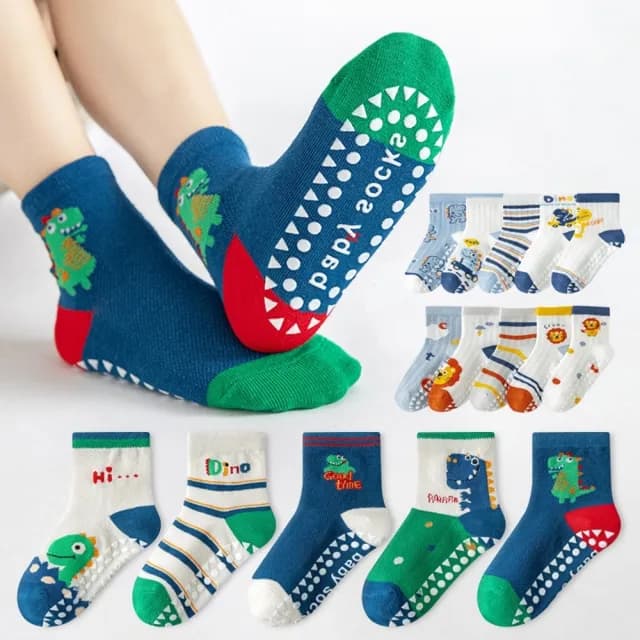 【橘魔法】（5雙一組）色彩繽紛動物防滑點膠網眼短襪(薄襪 中筒襪 襪子 中性款 男童 兒童 童襪 童裝)