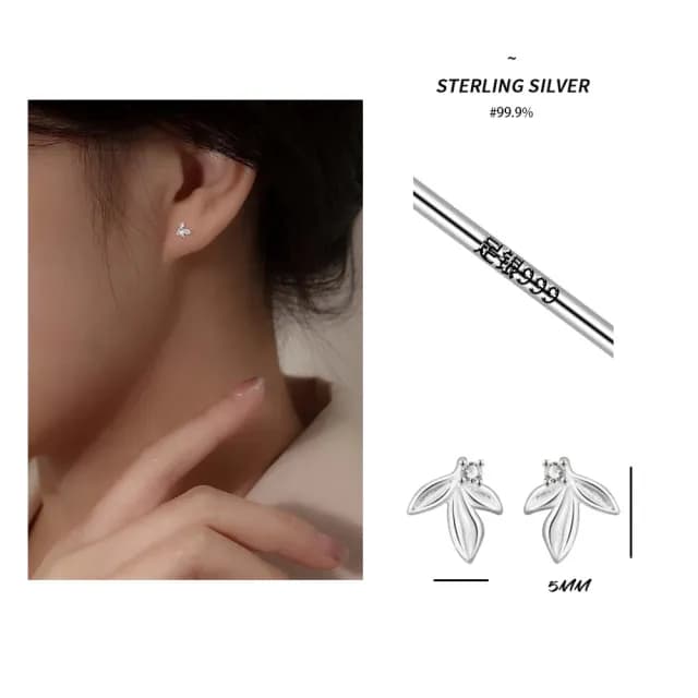 【A&R】S999純銀精緻簡約晨露葉耳釘款耳環(附矽膠耳扣 抗過敏 養耳洞 耳骨 生日 情人節 禮物)