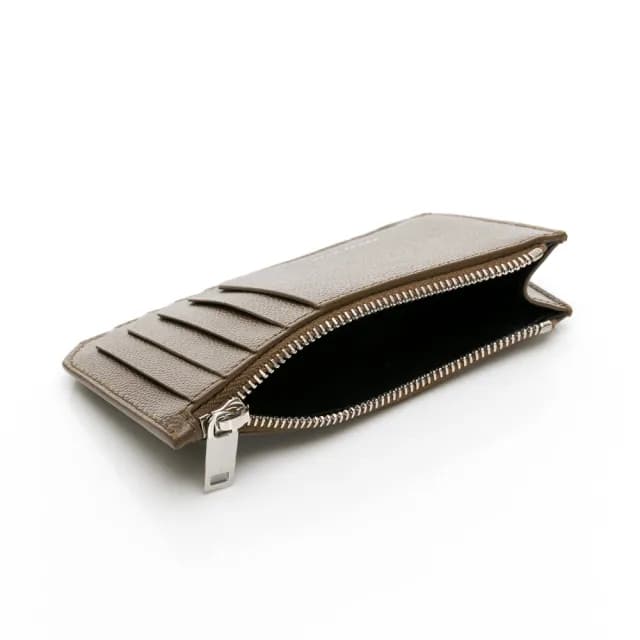 【YSL】細粒 皮革 卡夾 零錢包(銀拉鍊/暗象灰色)