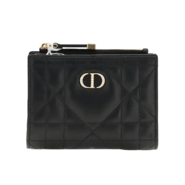【Dior 迪奧】Caro Dahlia 大籐格紋羊皮 綴以水晶 錢包 卡夾 皮夾 短夾 黑色 S4208UHNN_900