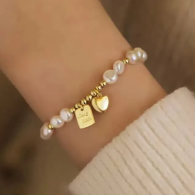 【SUMMER 一夏】雙11 法式巴洛克不規則珍珠幸運方牌愛心吊墜精緻輕奢手鍊(法式巴洛克風)