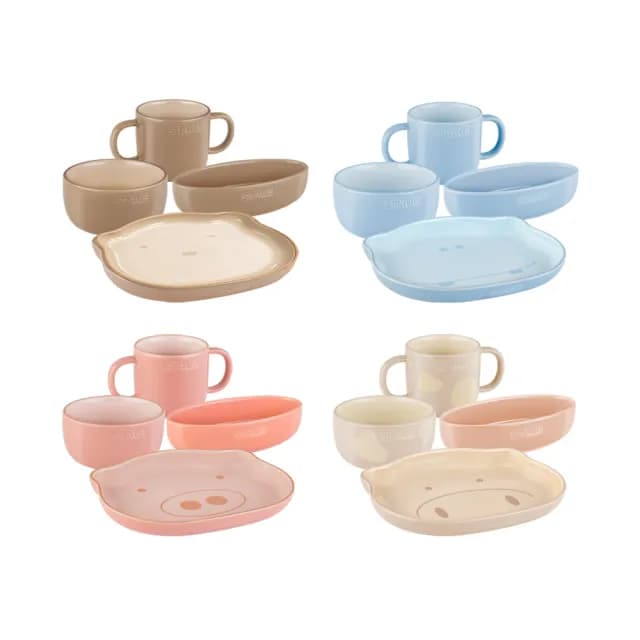 【法國Staub】動物造型陶瓷兒童餐具4件組-咖咖熊/米米牛/藍河馬3款任選(德國雙人牌集團官方直營)