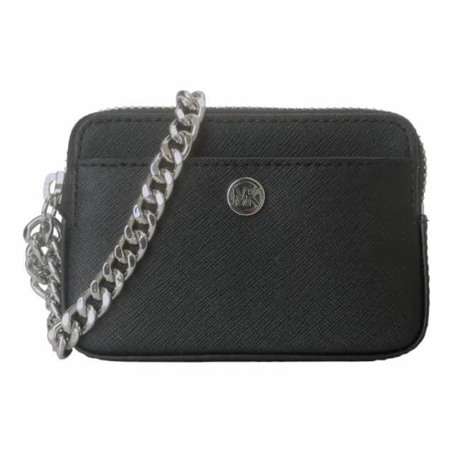 【Michael Kors】小圓MK 防刮銀鍊帶方型卡夾/零錢包(黑)