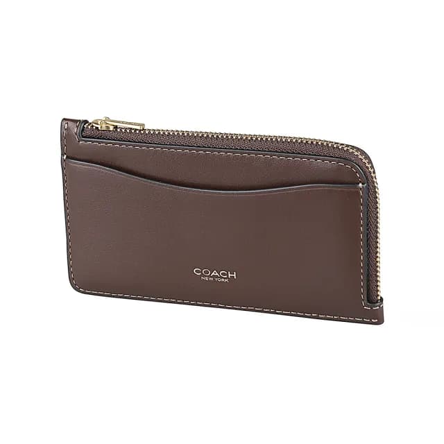 【COACH】COACH New York燙印金字LOGO小牛皮5卡拉鍊卡夾零錢包(楓木褐)