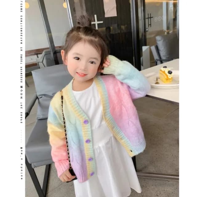 【橘魔法】夢幻彩色漸層麻花針織毛衣(針織 外套 上衣 大童 女童 開衫 開襟外套 童裝 兒童 毛衣)