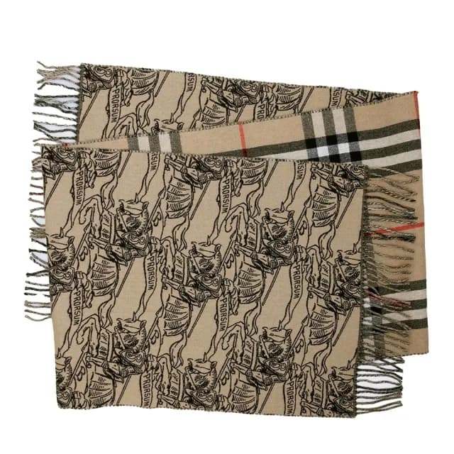 【BURBERRY 巴寶莉】雙面兩用騎士標/格紋羊毛流蘇圍巾(米色)