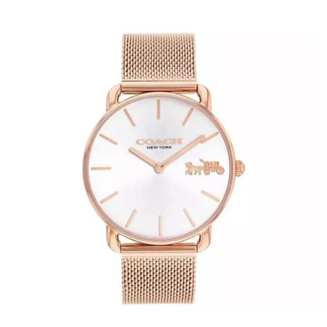 【COACH】經典馬車米蘭帶時尚腕錶 玫瑰金 女錶-36mm-贈高級9入首飾盒(CO14504383)