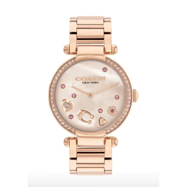 【COACH】官方授權C2 外圈晶鑽玫瑰金時尚腕錶/動態水晶造型/玫瑰金-36mm-贈高級9入首飾盒(CO14504266)