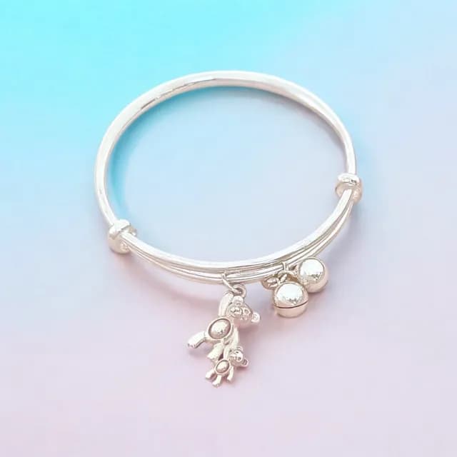 【珠兒綠】999純銀大熊小熊搖鈴純銀手鐲-嬰兒 開運(純銀手環 手鍊 彌月禮物 附禮盒禮袋 開運)