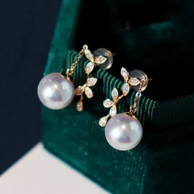 【La Corser】金花耳飾 7-7.5mm 日本 Akoya 海水天然珍珠 耳環 18K金 鑽石 天女級 強光珍珠耳墜