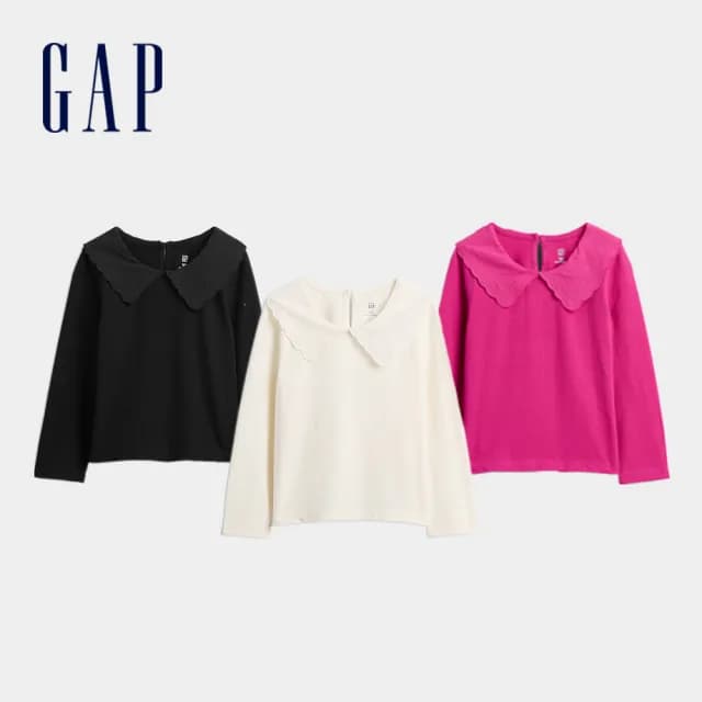 【GAP】女幼童裝 純棉刺繡翻領長袖T恤-多色任選(816552)