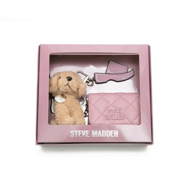 【steve madden】菱格紋零錢包/吊飾三件禮盒組(粉色)