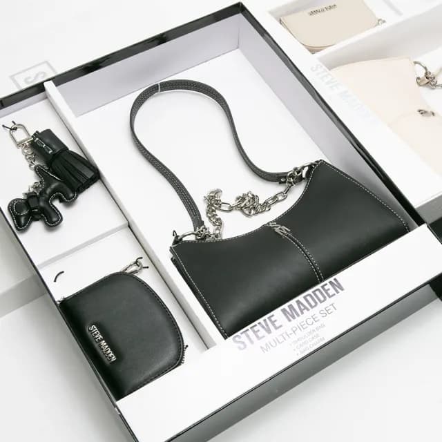 【steve madden】雙背帶腋下包/零錢包三件禮盒組(黑色)