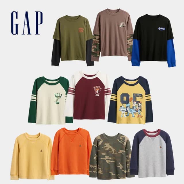 【GAP】男童裝 Logo純棉刺繡/印花假兩件圓領長袖上衣-多款任選(817493&815606&814492)