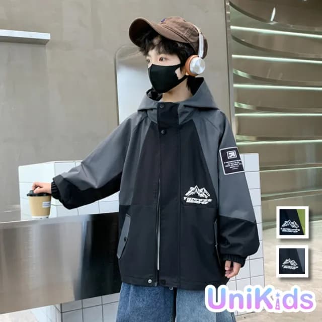 【UniKids】秋中大童裝長袖連帽外套 撞色衝鋒衣夾克  男大童裝 VP9918(綠 黑)