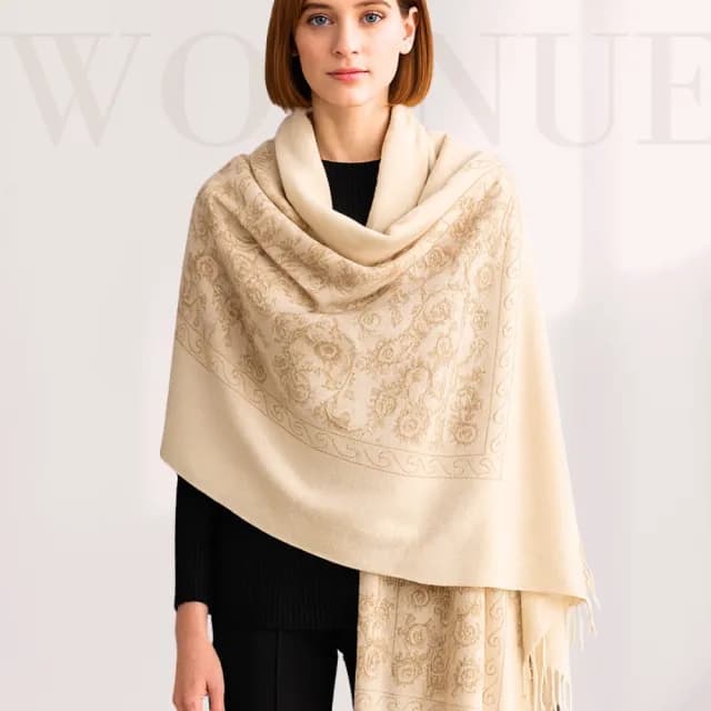【WOONUE】杜拜貴婦專櫃刺繡柔羊毛絨質感親膚寬版時尚斗篷圍巾冷氣披肩(女友老婆媽媽情人生日聖誕禮物)