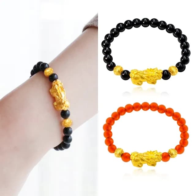 【金喜飛來】黃金手鍊貔貅雙金錢珠6mm瑪瑙(0.32錢±0.03)