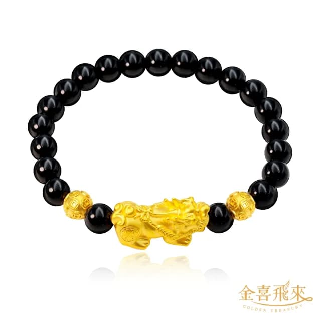 【金喜飛來】黃金手鍊貔貅雙金錢珠6mm瑪瑙(0.32錢±0.03)