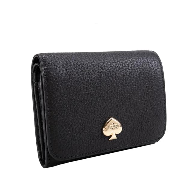 【KATE SPADE】KAYLA荔枝皮紋對釦式拉鍊零錢包短夾(黑色)
